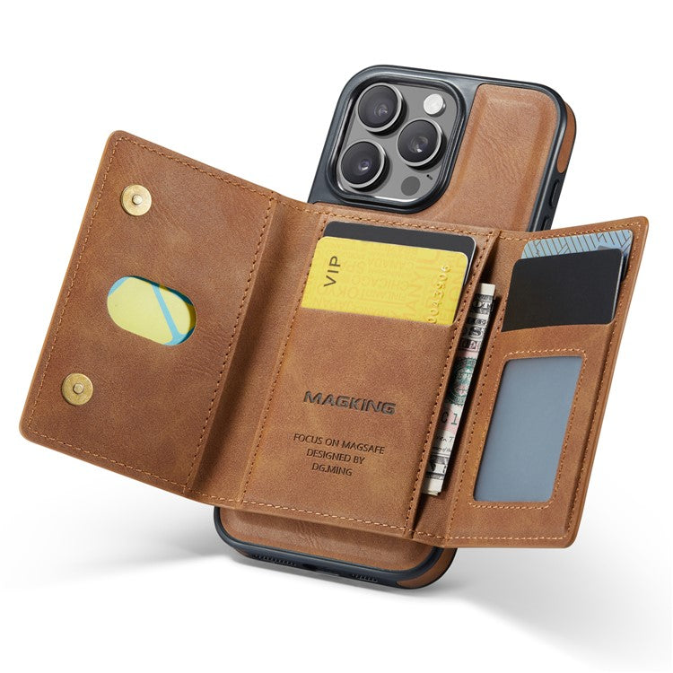 MAGKING K2 Series For iPhone 14 Pro Case Compatible with MagSafe PC+TPU+PU Leather RFID Blocking Phone Cover with Wallet - Brown