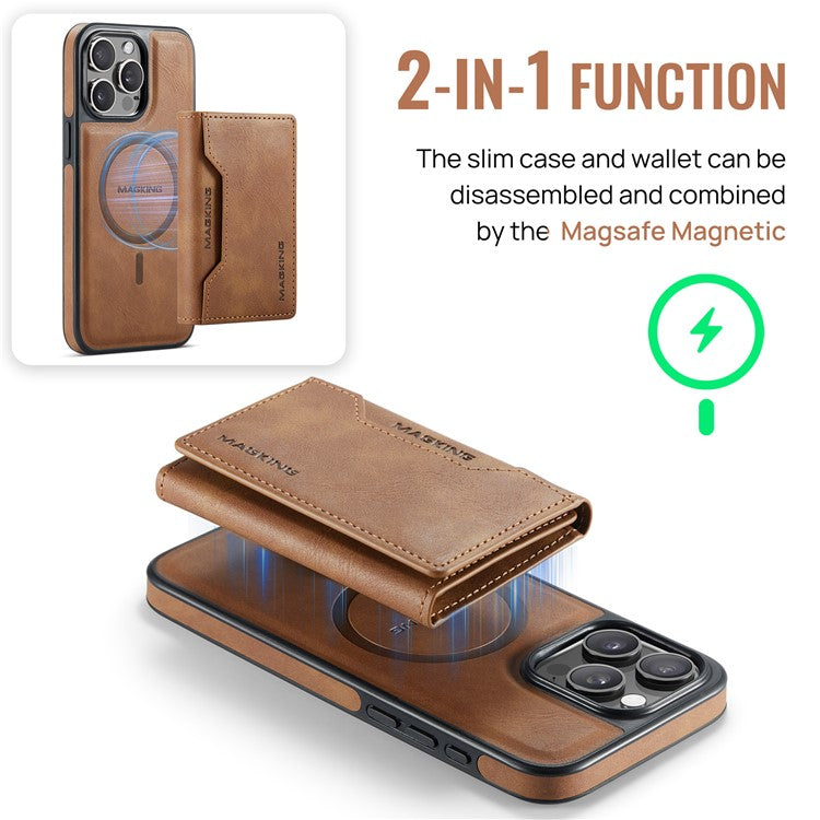 MAGKING K2 Series For iPhone 14 Pro Case Compatible with MagSafe PC+TPU+PU Leather RFID Blocking Phone Cover with Wallet - Brown