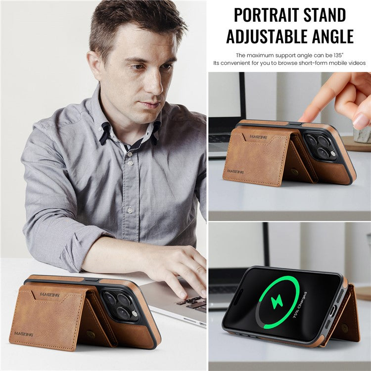 MAGKING K2 Series For iPhone 14 Pro Case Compatible with MagSafe PC+TPU+PU Leather RFID Blocking Phone Cover with Wallet - Brown