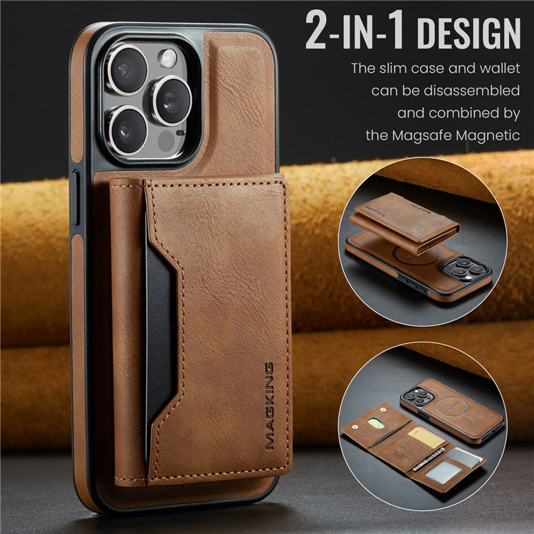 MAGKING K2 Series For iPhone 14 Pro Case Compatible with MagSafe PC+TPU+PU Leather RFID Blocking Phone Cover with Wallet - Brown