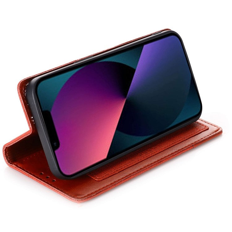 MUXMA MX109 PU Leather Wallet Case for iPhone 14, RFID Blocking Magnetic Auto-absorbed Stand Phone Cover - Red
