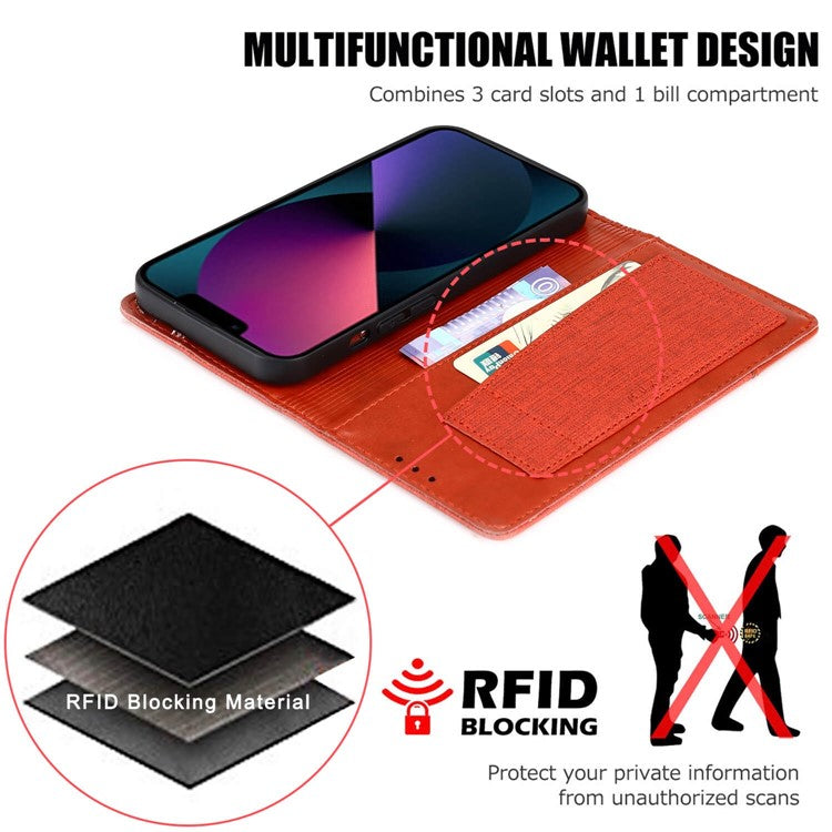 MUXMA MX109 Wallet Stand Case for iPhone 14 Plus, Magnetic Auto-absorbed PU Leather Phone Cover with RFID Blocking Function - Red