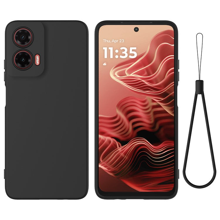 For Motorola Moto G35 5G Case Liquid Silicone Anti-Scratch Phone Cover with Hand Strap - Black