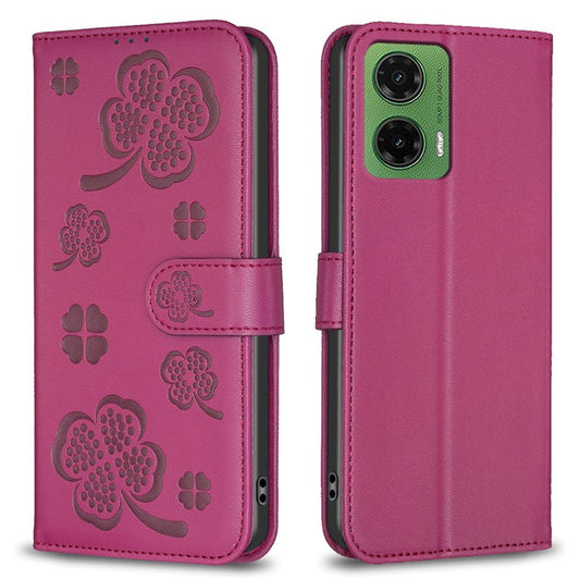 For Motorola Moto G35 5G Case Clover Pattern Wallet Stand View Leather Phone Cover - Rose