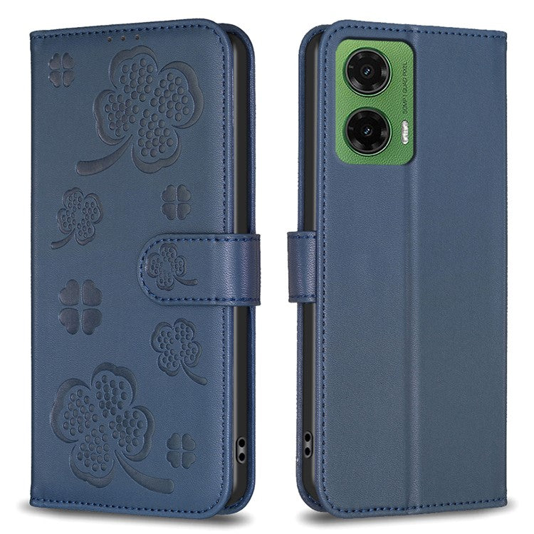 For Motorola Moto G35 5G Case Clover Pattern Wallet Stand View Leather Phone Cover - Blue