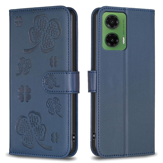 For Motorola Moto G35 5G Case Clover Pattern Wallet Stand View Leather Phone Cover - Blue