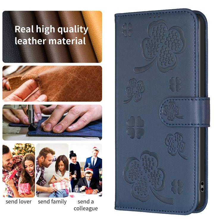 For Motorola Moto G35 5G Case Clover Pattern Wallet Stand View Leather Phone Cover - Blue