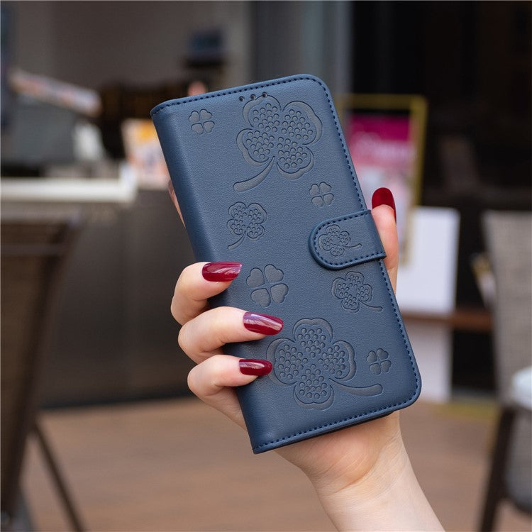 For Motorola Moto G35 5G Case Clover Pattern Wallet Stand View Leather Phone Cover - Blue