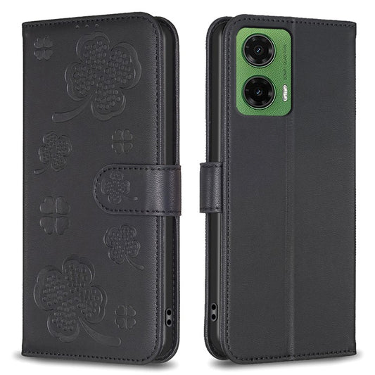 For Motorola Moto G35 5G Case Clover Pattern Wallet Stand View Leather Phone Cover - Black