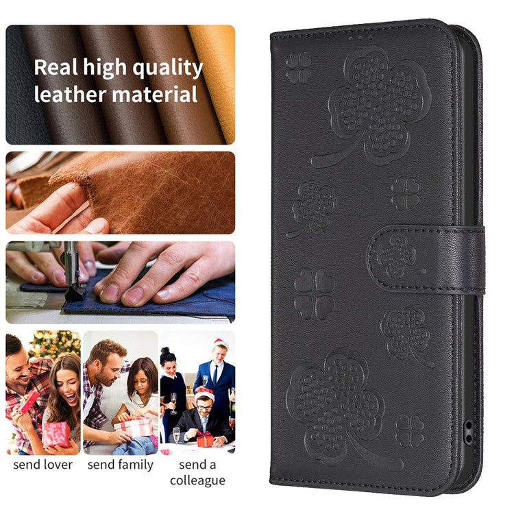 For Motorola Moto G35 5G Case Clover Pattern Wallet Stand View Leather Phone Cover - Black
