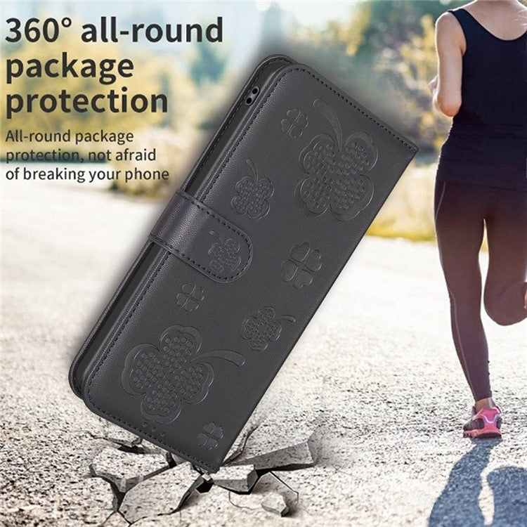 For Motorola Moto G35 5G Case Clover Pattern Wallet Stand View Leather Phone Cover - Black