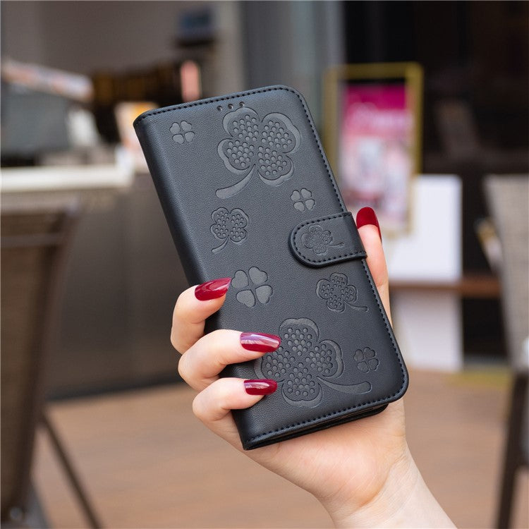 For Motorola Moto G35 5G Case Clover Pattern Wallet Stand View Leather Phone Cover - Black