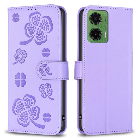 For Motorola Moto G35 5G Case Clover Pattern Wallet Stand View Leather Phone Cover - Purple