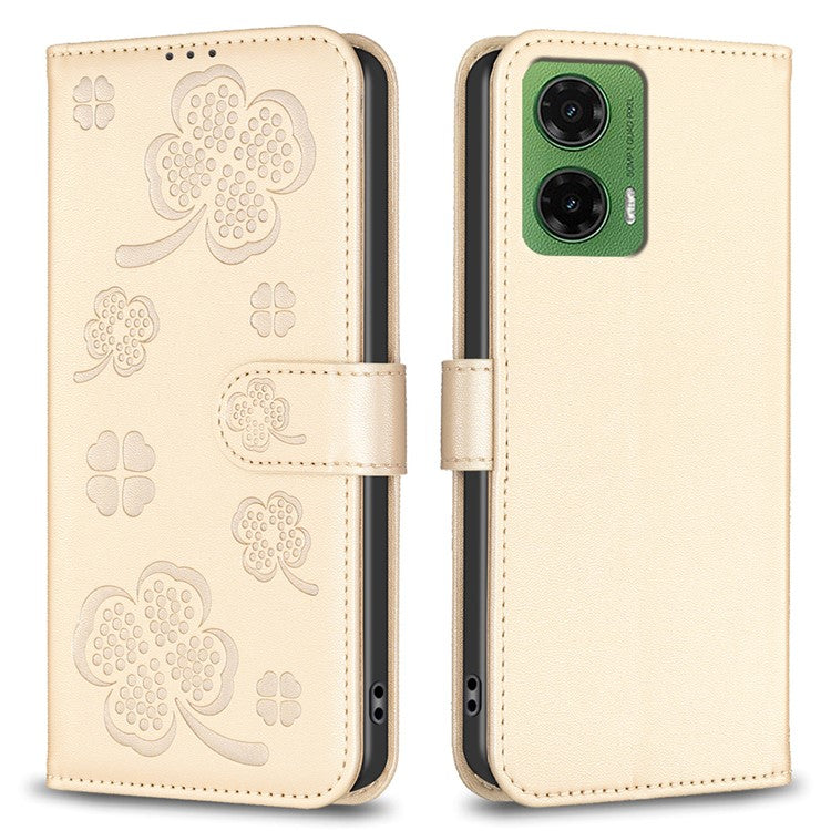 For Motorola Moto G35 5G Case Clover Pattern Wallet Stand View Leather Phone Cover - Gold
