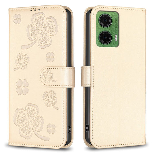 For Motorola Moto G35 5G Case Clover Pattern Wallet Stand View Leather Phone Cover - Gold