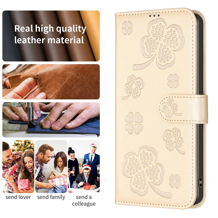 For Motorola Moto G35 5G Case Clover Pattern Wallet Stand View Leather Phone Cover - Gold