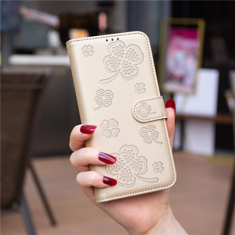 For Motorola Moto G35 5G Case Clover Pattern Wallet Stand View Leather Phone Cover - Gold