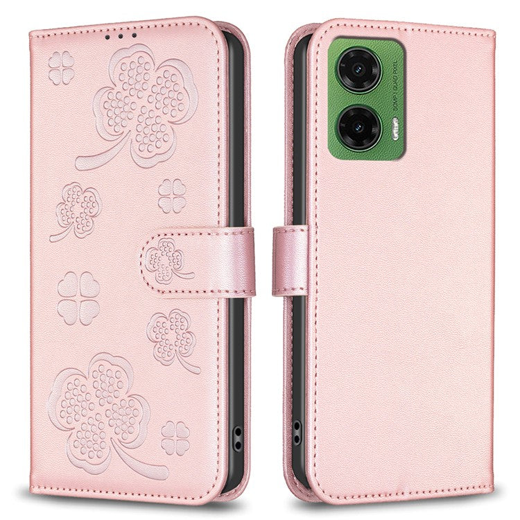 For Motorola Moto G35 5G Case Clover Pattern Wallet Stand View Leather Phone Cover - Pink