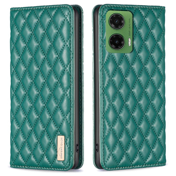 BINFEN COLOR BF Style-16 For Motorola Moto G35 5G Case Card Slots Rhombus Leather Cover - Green