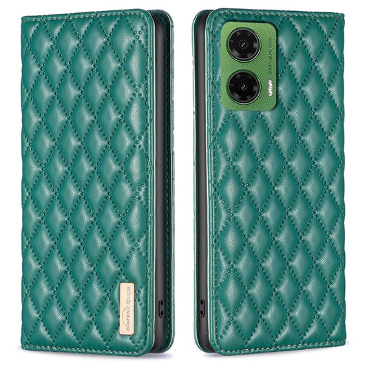 BINFEN COLOR BF Style-16 For Motorola Moto G35 5G Case Card Slots Rhombus Leather Cover - Green