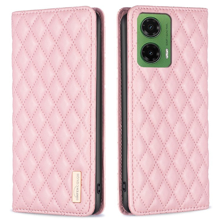 BINFEN COLOR BF Style-16 For Motorola Moto G35 5G Case Card Slots Rhombus Leather Cover - Pink