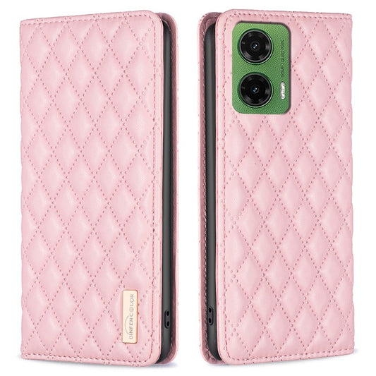 BINFEN COLOR BF Style-16 For Motorola Moto G35 5G Case Card Slots Rhombus Leather Cover - Pink