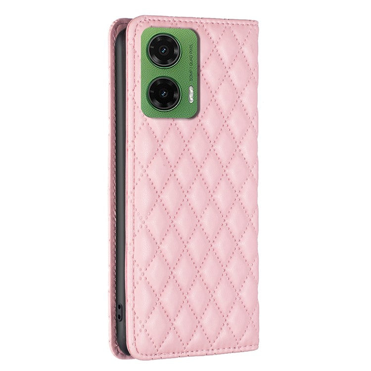 BINFEN COLOR BF Style-16 For Motorola Moto G35 5G Case Card Slots Rhombus Leather Cover - Pink