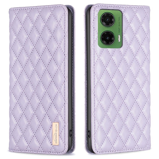 BINFEN COLOR BF Style-16 For Motorola Moto G35 5G Case Card Slots Rhombus Leather Cover - Purple