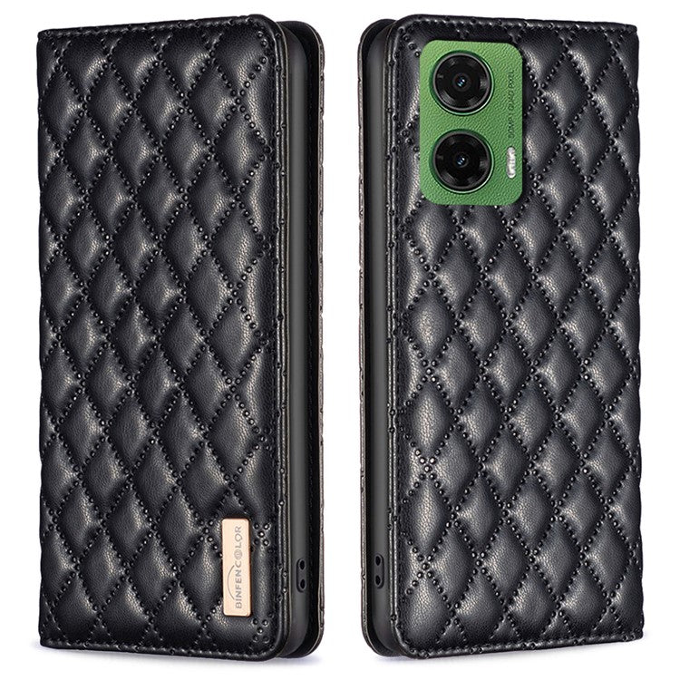 BINFEN COLOR BF Style-16 For Motorola Moto G35 5G Case Card Slots Rhombus Leather Cover - Black