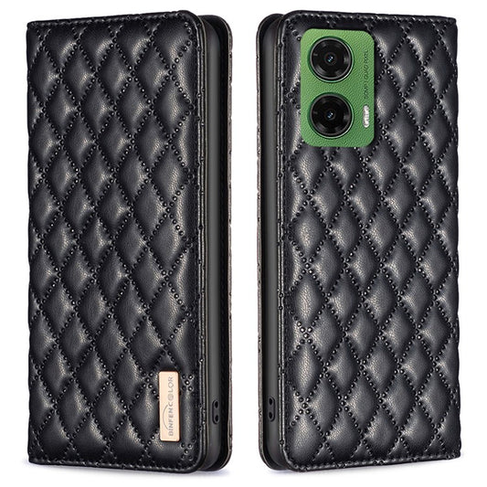 BINFEN COLOR BF Style-16 For Motorola Moto G35 5G Case Card Slots Rhombus Leather Cover - Black