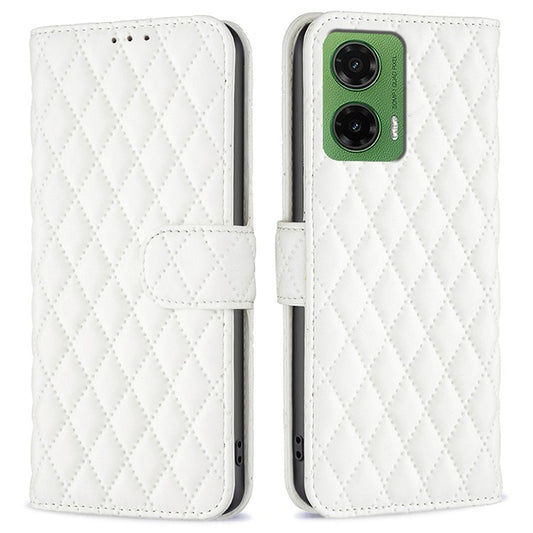 BINFEN COLOR BF Style-14 For Motorola Moto G35 5G Case Rhombus Phone Leather Cover Stand - White