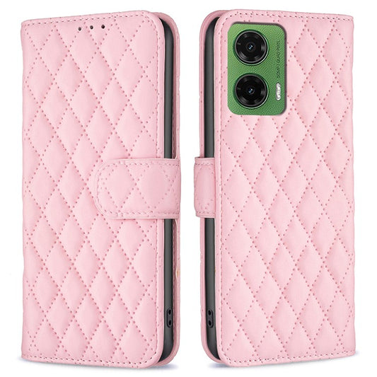BINFEN COLOR BF Style-14 For Motorola Moto G35 5G Case Rhombus Phone Leather Cover Stand - Pink