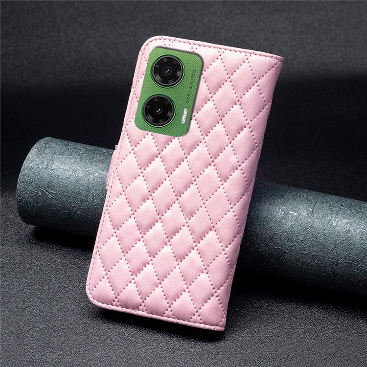 BINFEN COLOR BF Style-14 For Motorola Moto G35 5G Case Rhombus Phone Leather Cover Stand - Pink