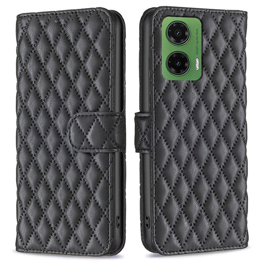 BINFEN COLOR BF Style-14 For Motorola Moto G35 5G Case Rhombus Phone Leather Cover Stand - Black