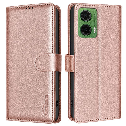 BINFEN COLOR BF32 For Motorola Moto G35 5G Leather Case Wallet RFID Blocking Phone Cover - Rose Gold