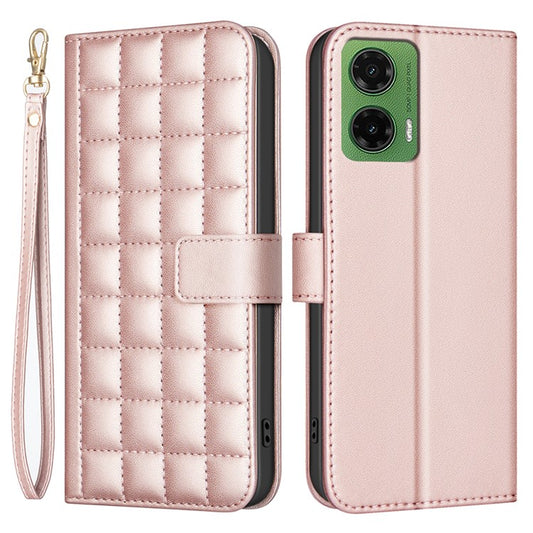 BINFEN COLOR BF34 for Motorola Moto G35 5G Leather Case Wallet Square Grid Phone Cover - Rose Gold