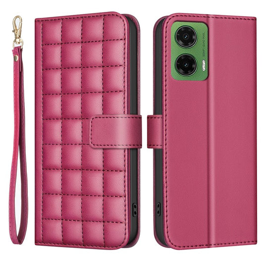 BINFEN COLOR BF34 for Motorola Moto G35 5G Leather Case Wallet Square Grid Phone Cover - Red