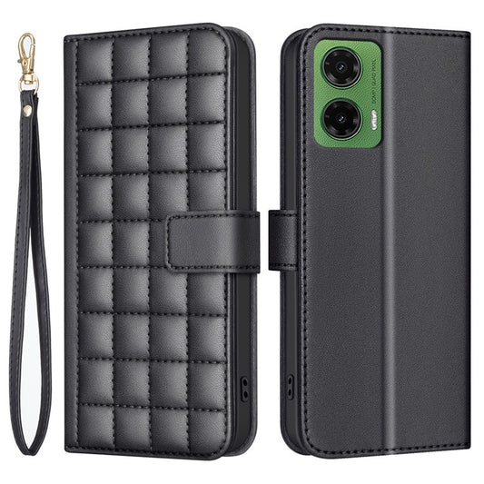 BINFEN COLOR BF34 for Motorola Moto G35 5G Leather Case Wallet Square Grid Phone Cover - Black