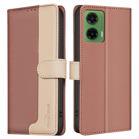 BINFEN COLOR BF33 for Motorola Moto G35 5G Leather Case Splicing Color RFID Blocking - Brown