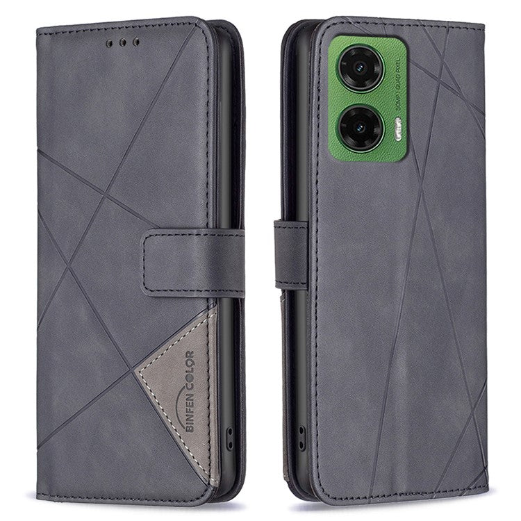 BINFEN COLOR For Motorola Moto G35 5G Phone Cases Wallet Stand Geometry Imprinted Leather Cover - Black