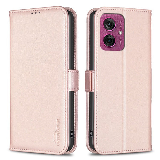 BINFEN COLOR BF31 For Motorola Moto G55 5G Case PU Leather Flip Folio Phone Wallet Cover - Pink
