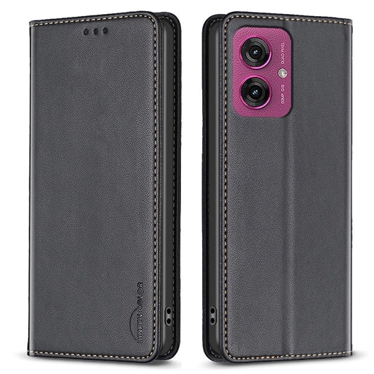 BINFEN COLOR BF18 For Motorola Moto G55 5G Leather Case Card Slots Phone Cover - Black