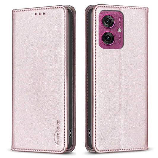 BINFEN COLOR BF18 For Motorola Moto G55 5G Leather Case Card Slots Phone Cover - Rose Gold