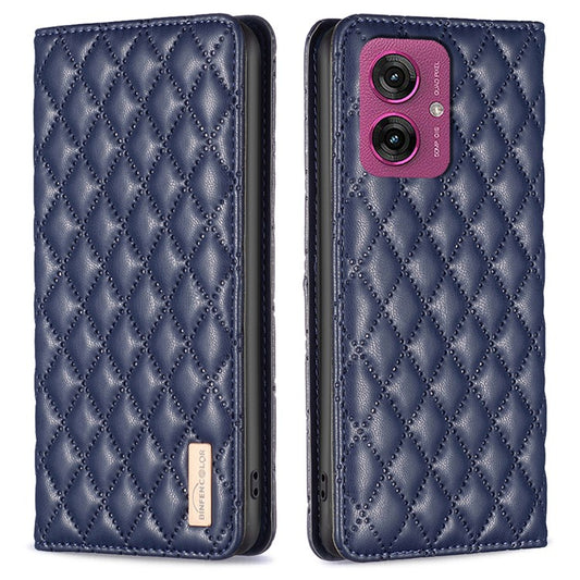 BINFEN COLOR BF Style-16 For Motorola Moto G55 5G Case Card Slots Rhombus Leather Cover - Blue