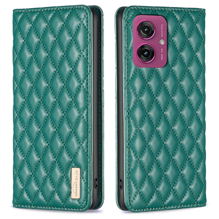 BINFEN COLOR BF Style-16 For Motorola Moto G55 5G Case Card Slots Rhombus Leather Cover - Green