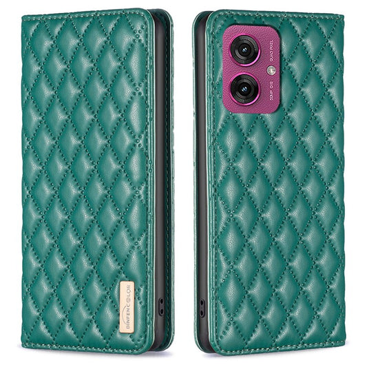 BINFEN COLOR BF Style-16 For Motorola Moto G55 5G Case Card Slots Rhombus Leather Cover - Green