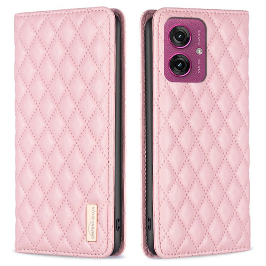 BINFEN COLOR BF Style-16 For Motorola Moto G55 5G Case Card Slots Rhombus Leather Cover - Pink