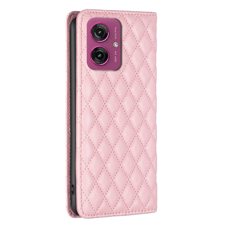 BINFEN COLOR BF Style-16 For Motorola Moto G55 5G Case Card Slots Rhombus Leather Cover - Pink