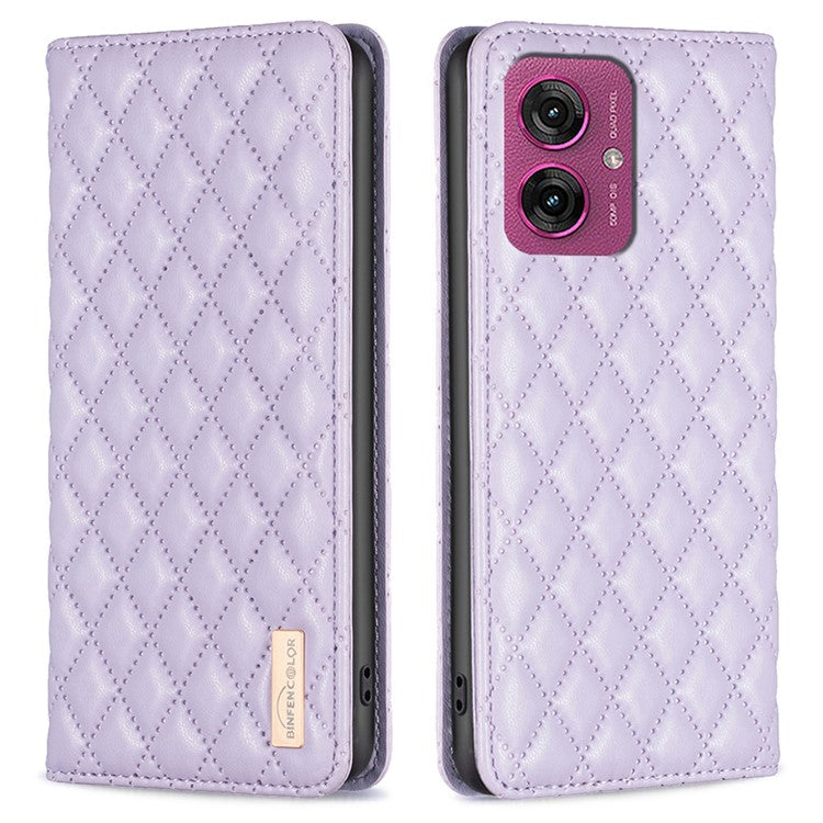 BINFEN COLOR BF Style-16 For Motorola Moto G55 5G Case Card Slots Rhombus Leather Cover - Purple