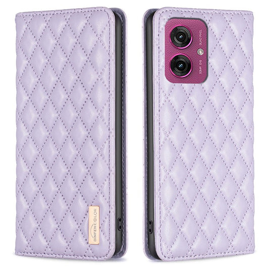 BINFEN COLOR BF Style-16 For Motorola Moto G55 5G Case Card Slots Rhombus Leather Cover - Purple